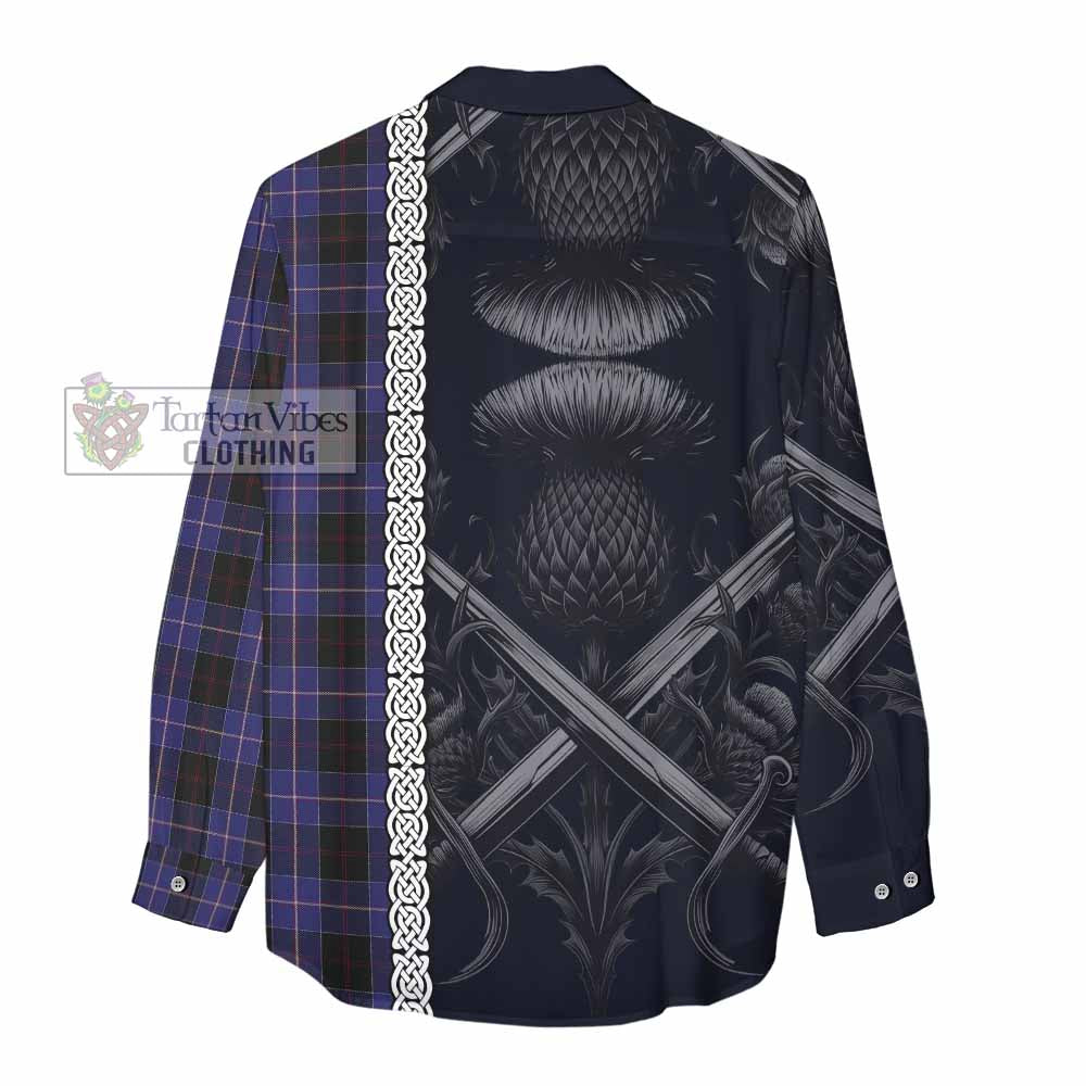 Tartan Vibes Clothing Dunlop Tartan Women's Casual Shirt with Family Crest Cross Sword Thistle Celtic Vibes