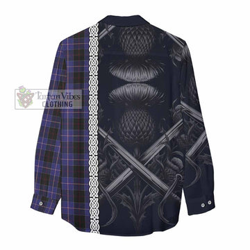 Dunlop Tartan Women's Casual Shirt with Family Crest Cross Sword Thistle Celtic Vibes