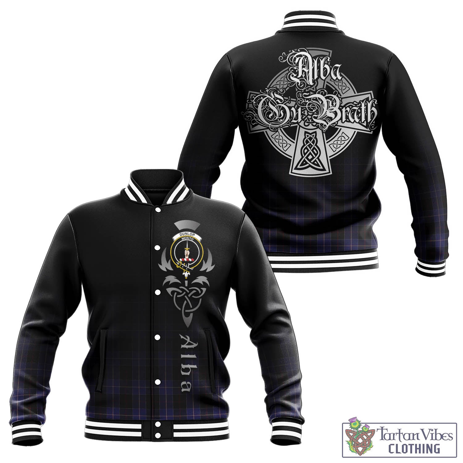 Tartan Vibes Clothing Dunlop Tartan Baseball Jacket Featuring Alba Gu Brath Family Crest Celtic Inspired