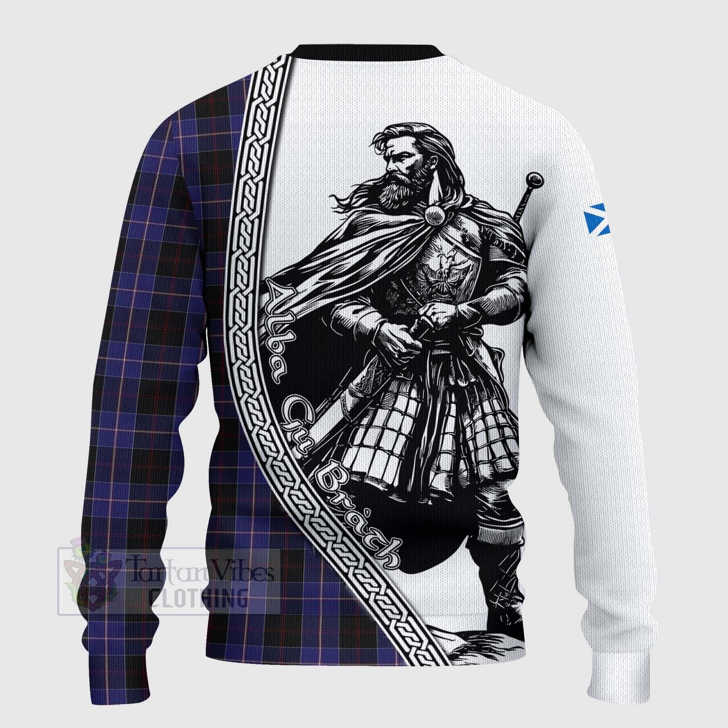 Tartan Vibes Clothing Dunlop Tartan Clan Crest Knitted Sweater with Highlander Warrior Celtic Style