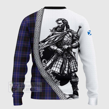 Dunlop Tartan Clan Crest Knitted Sweater with Highlander Warrior Celtic Style