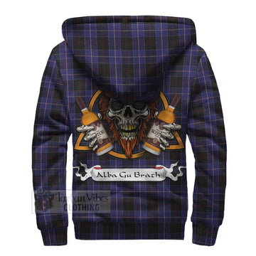 Dunlop Tartan Sherpa Hoodie with Family Crest and Bearded Skull Holding Bottles of Whiskey