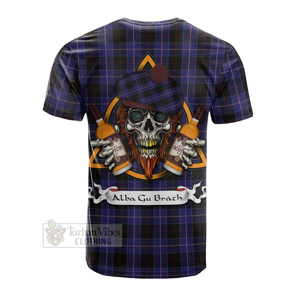 Tartan Vibes Clothing Dunlop Tartan Cotton T-shirt with Family Crest and Bearded Skull Holding Bottles of Whiskey