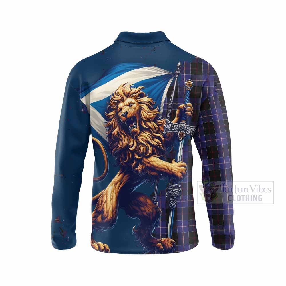 Tartan Vibes Clothing Dunlop Tartan Family Crest Long Sleeve Polo Shirt with Scottish Majestic Lion