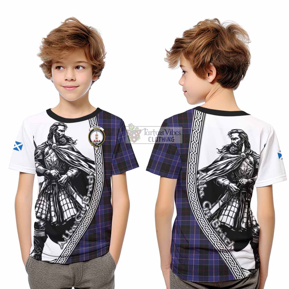 Dunlop Tartan Clan Crest Kid T-Shirt with Highlander Warrior Celtic Style