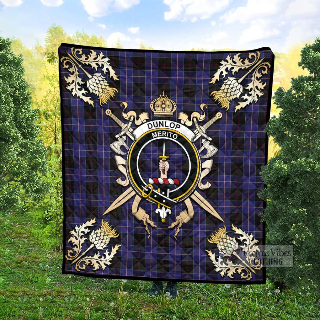 Tartan Vibes Clothing Dunlop Tartan Quilt with Family Crest and Scottish Golden Courage Shield