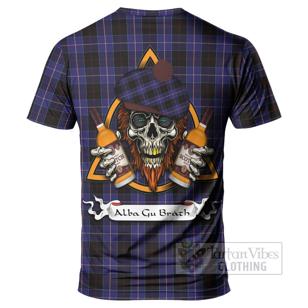 Tartan Vibes Clothing Dunlop Tartan T-Shirt with Family Crest and Bearded Skull Holding Bottles of Whiskey