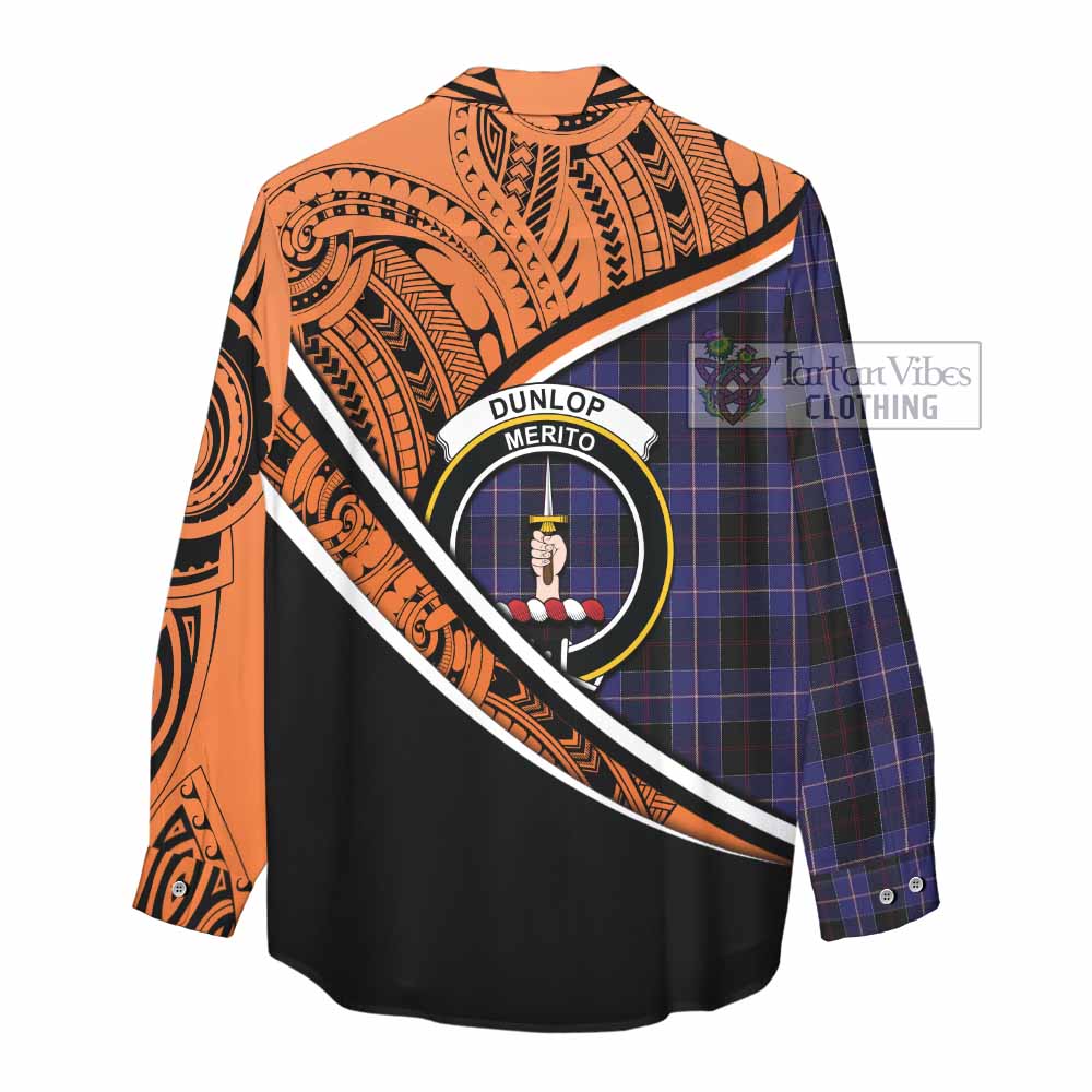 Tartan Vibes Clothing Dunlop Crest Tartan Women's Casual Shirt with Maori Tattoo Style - Orange Version