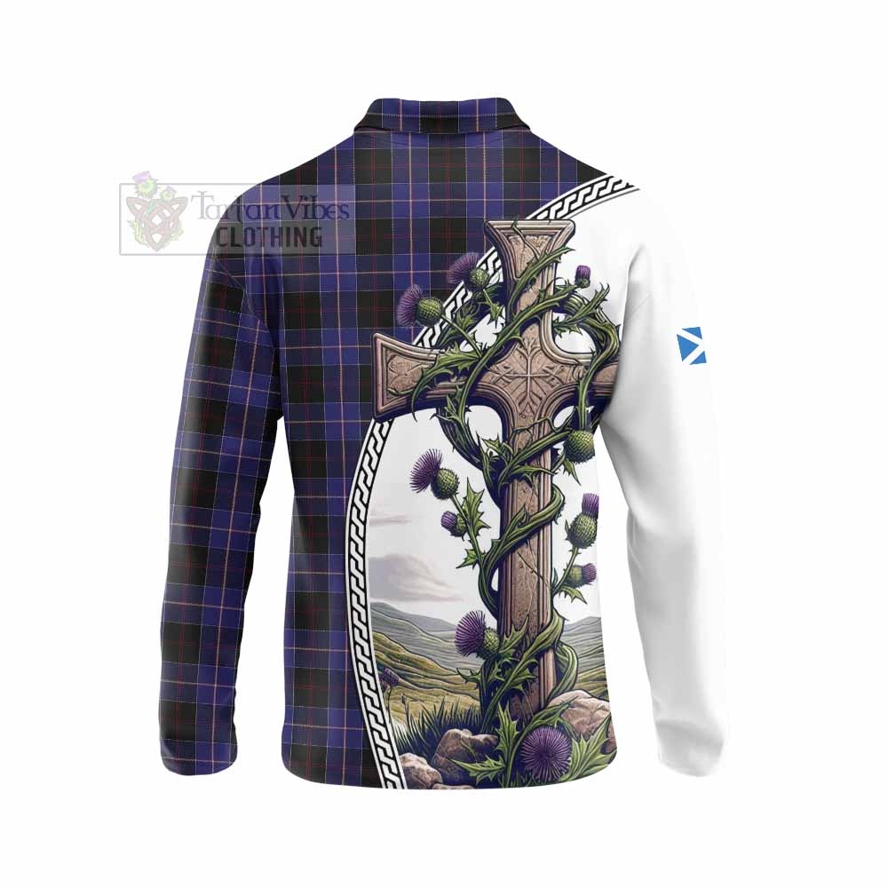 Tartan Vibes Clothing Dunlop Tartan Long Sleeve Polo Shirt with Family Crest and St. Andrew's Cross Accented by Thistle Vines