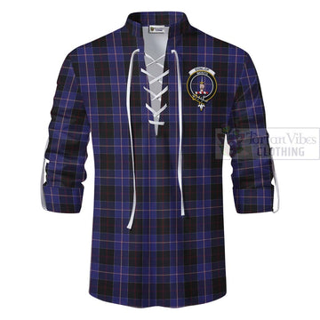 Dunlop Tartan Ghillie Kilt Shirt with Family Crest and Bearded Skull Holding Bottles of Whiskey