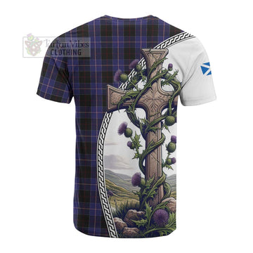 Dunlop Tartan Cotton T-shirt with Family Crest and St. Andrew's Cross Accented by Thistle Vines