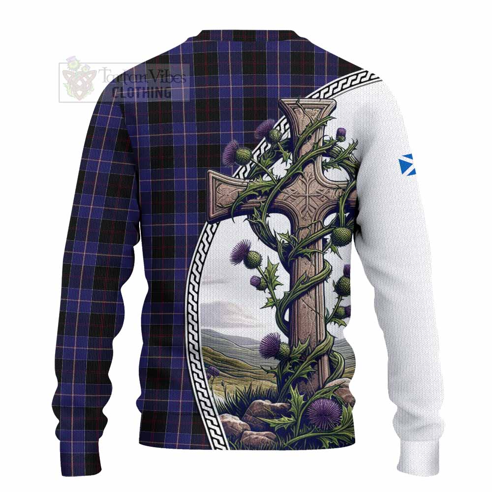 Tartan Vibes Clothing Dunlop Tartan Knitted Sweater with Family Crest and St. Andrew's Cross Accented by Thistle Vines