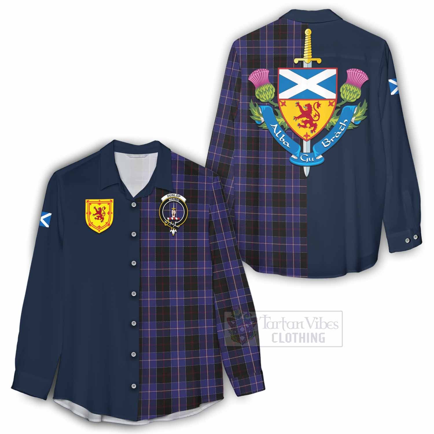 Tartan Vibes Clothing Dunlop Tartan Women's Casual Shirt Alba with Scottish Lion Royal Arm Half Style