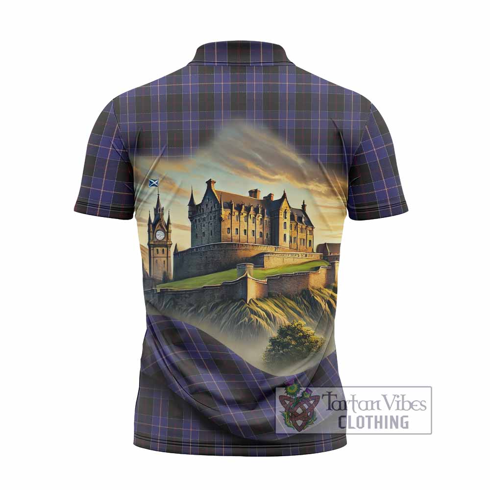 Dunlop Tartan Family Crest Zipper Polo Shirt with Scottish Ancient Castle Style - Tartan Vibes Clothing