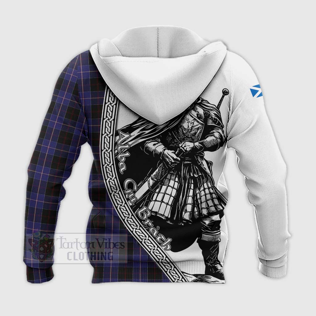 Tartan Vibes Clothing Dunlop Tartan Clan Crest Knitted Hoodie with Highlander Warrior Celtic Style