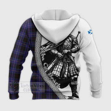 Dunlop Tartan Clan Crest Knitted Hoodie with Highlander Warrior Celtic Style