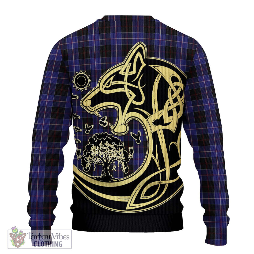 Dunlop Tartan Knitted Sweater with Family Crest Celtic Wolf Style - Tartan Vibes Clothing