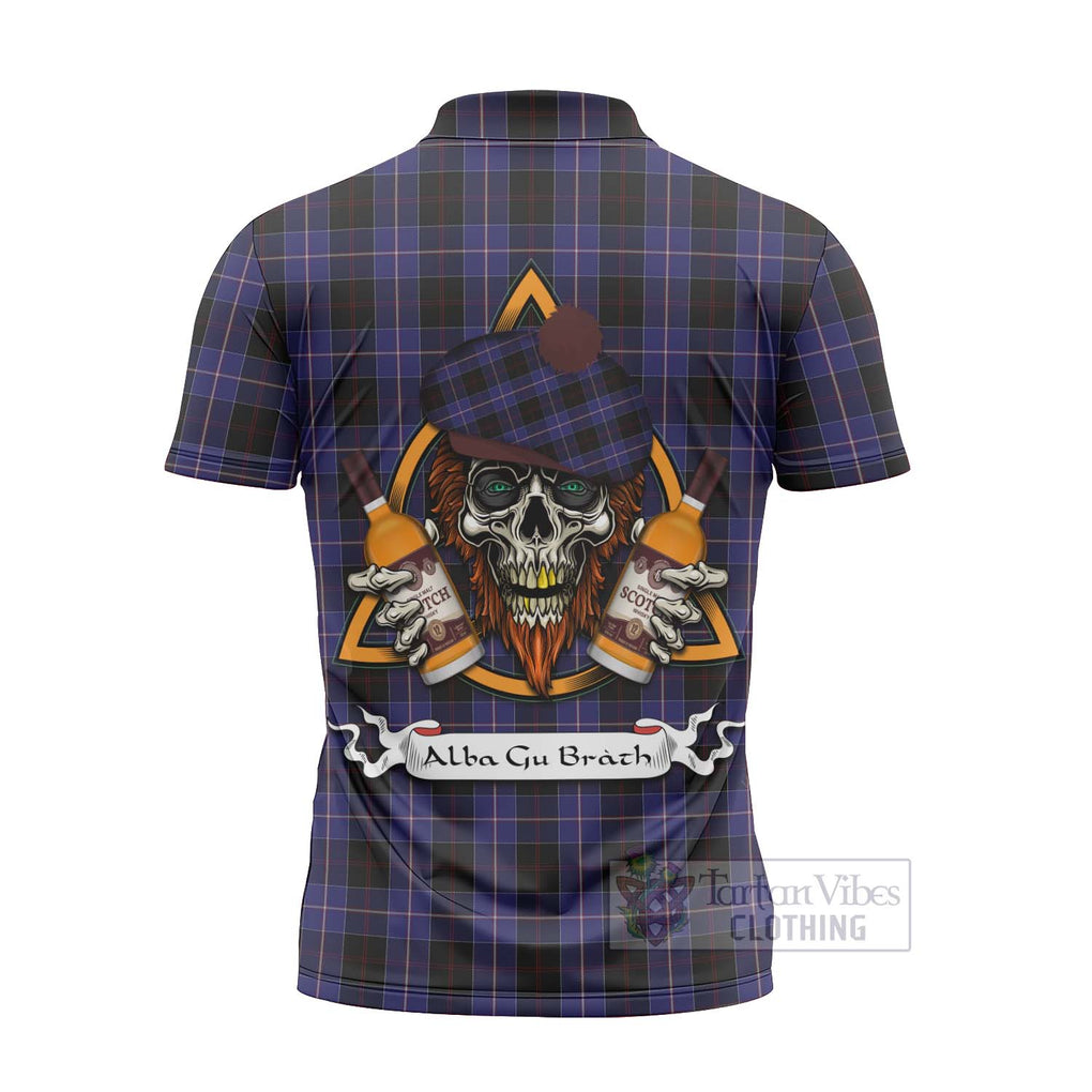 Tartan Vibes Clothing Dunlop Tartan Zipper Polo Shirt with Family Crest and Bearded Skull Holding Bottles of Whiskey