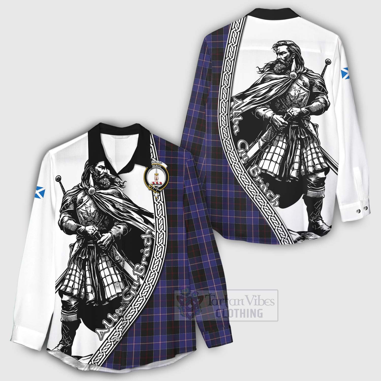 Tartan Vibes Clothing Dunlop Tartan Clan Crest Women's Casual Shirt with Highlander Warrior Celtic Style