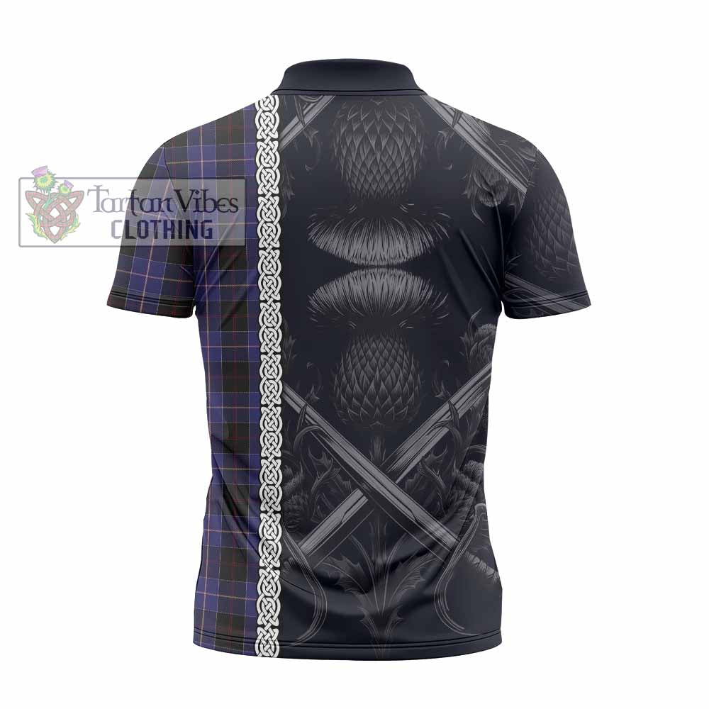 Tartan Vibes Clothing Dunlop Tartan Zipper Polo Shirt with Family Crest Cross Sword Thistle Celtic Vibes