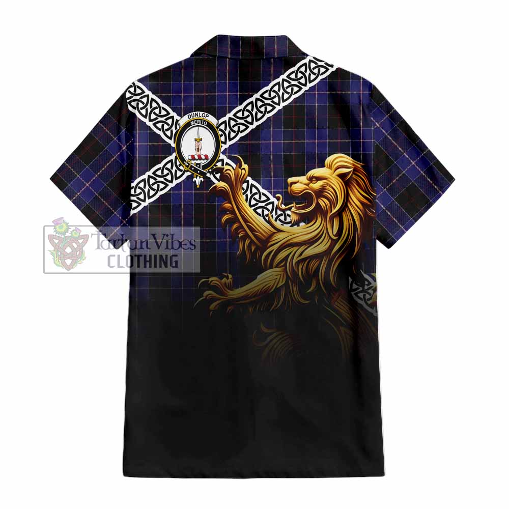Dunlop Crest Tartan Hawaiian Shirt with Golden Lion Emblem Celtic Style - Tartan Vibes Clothing