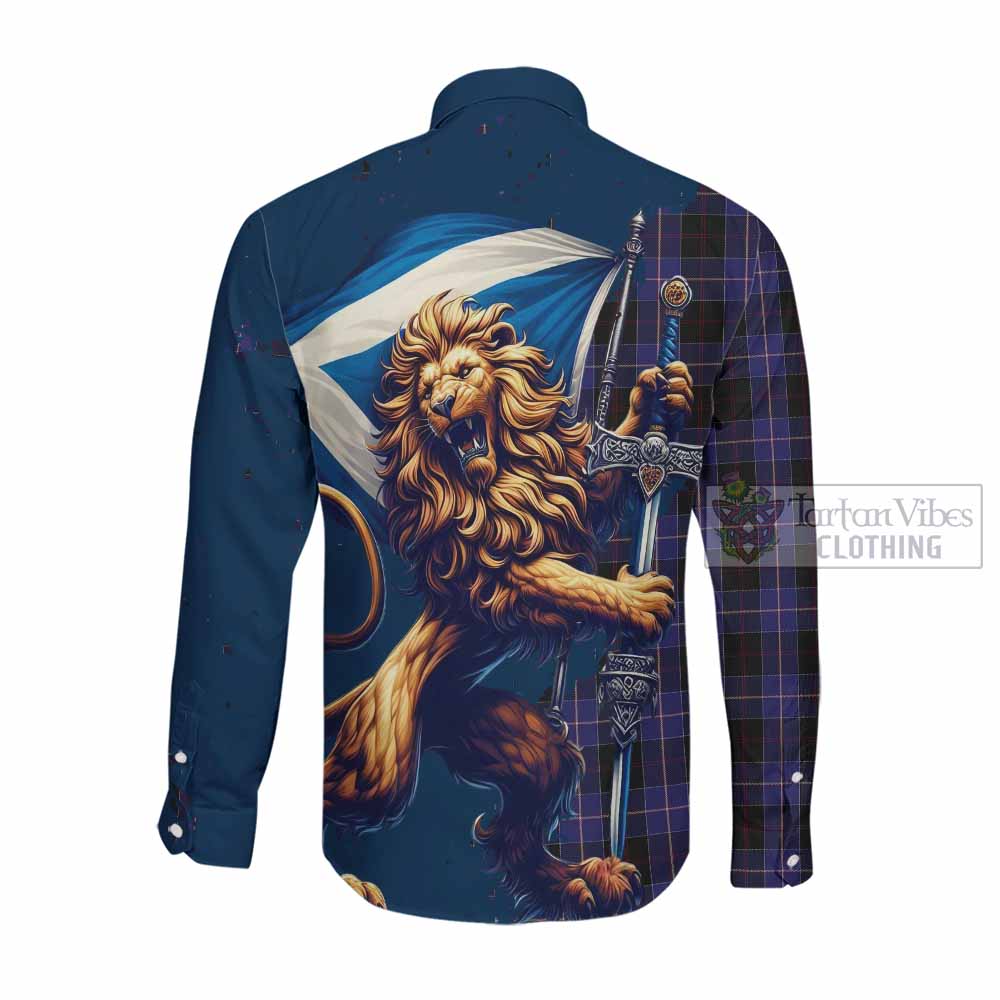 Tartan Vibes Clothing Dunlop Tartan Family Crest Long Sleeve Button Shirt with Scottish Majestic Lion