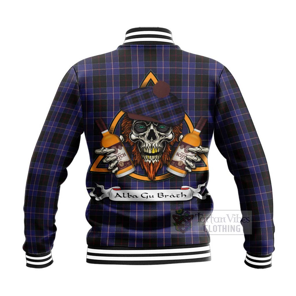 Tartan Vibes Clothing Dunlop Tartan Baseball Jacket with Family Crest and Bearded Skull Holding Bottles of Whiskey