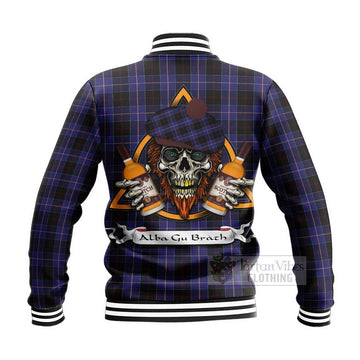 Dunlop Tartan Baseball Jacket with Family Crest and Bearded Skull Holding Bottles of Whiskey