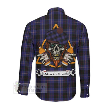 Dunlop Tartan Long Sleeve Button Shirt with Family Crest and Bearded Skull Holding Bottles of Whiskey