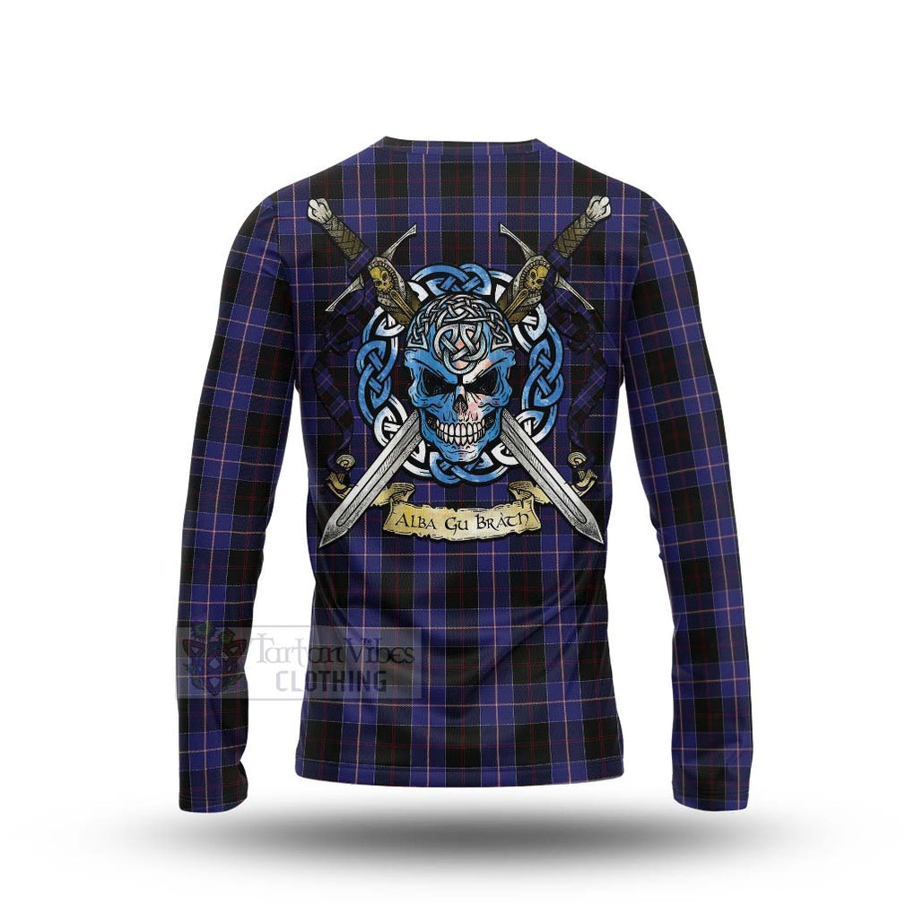 Tartan Vibes Clothing Dunlop Tartan Long Sleeve T-Shirt with Family Crest Celtic Skull Style