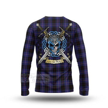 Dunlop Tartan Long Sleeve T-Shirt with Family Crest Celtic Skull Style