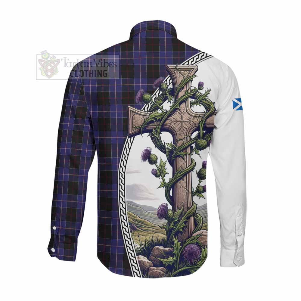 Tartan Vibes Clothing Dunlop Tartan Long Sleeve Button Shirt with Family Crest and St. Andrew's Cross Accented by Thistle Vines