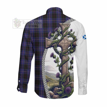 Dunlop Tartan Long Sleeve Button Shirt with Family Crest and St. Andrew's Cross Accented by Thistle Vines