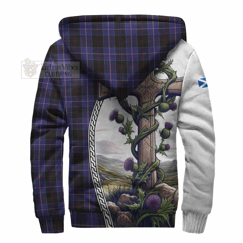 Tartan Vibes Clothing Dunlop Tartan Sherpa Hoodie with Family Crest and St. Andrew's Cross Accented by Thistle Vines