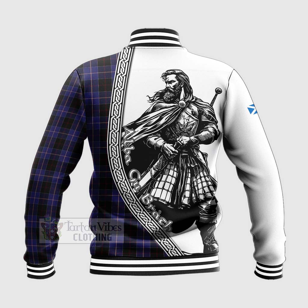 Tartan Vibes Clothing Dunlop Tartan Clan Crest Baseball Jacket with Highlander Warrior Celtic Style