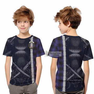 Dunlop Tartan Kid T-Shirt with Family Crest Cross Sword Thistle Celtic Vibes