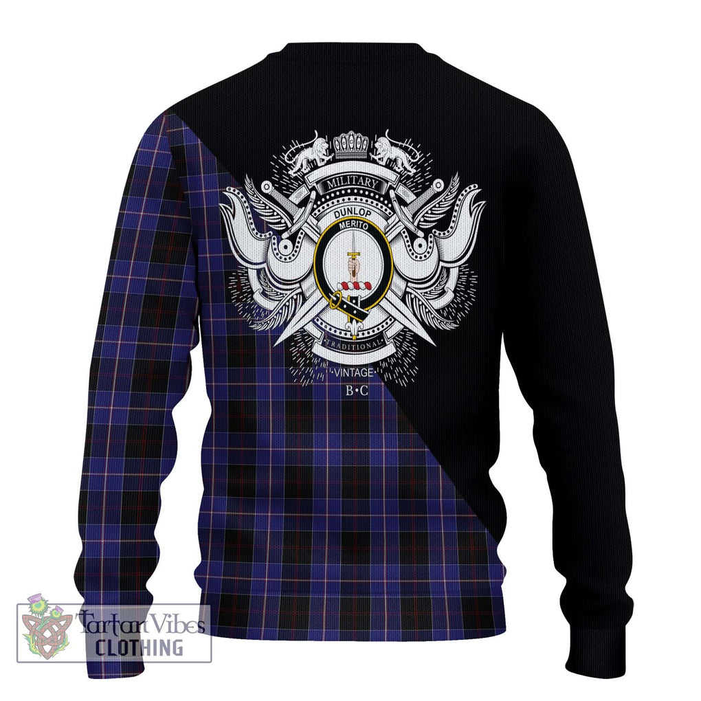 Dunlop Tartan Knitted Sweater with Family Crest and Military Logo Style - Tartanvibesclothing Shop