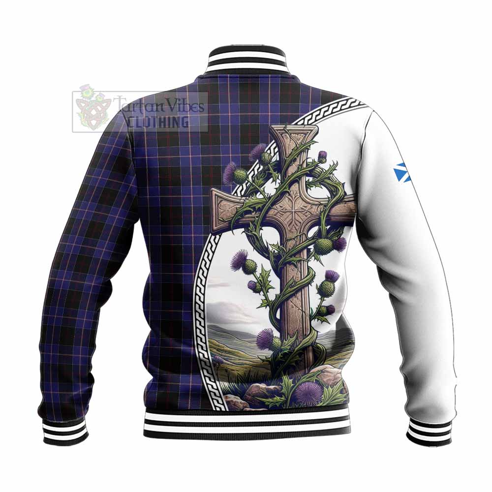 Tartan Vibes Clothing Dunlop Tartan Baseball Jacket with Family Crest and St. Andrew's Cross Accented by Thistle Vines