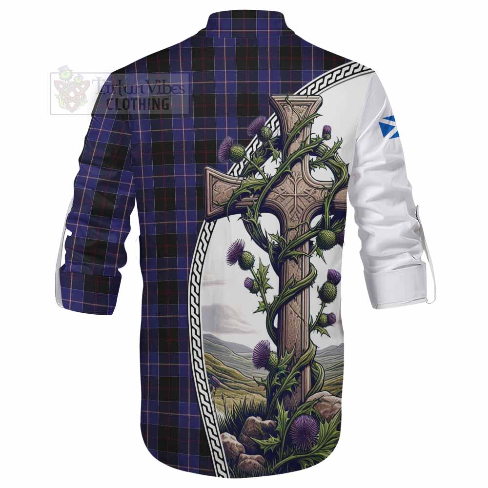 Tartan Vibes Clothing Dunlop Tartan Ghillie Kilt Shirt with Family Crest and St. Andrew's Cross Accented by Thistle Vines