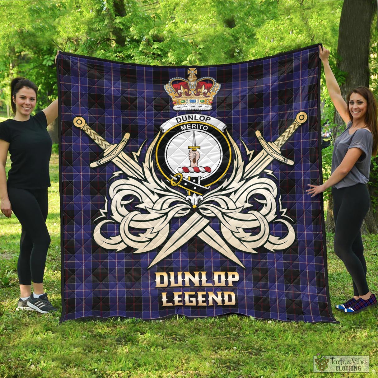 Tartan Vibes Clothing Dunlop Tartan Quilt with Clan Crest and the Golden Sword of Courageous Legacy