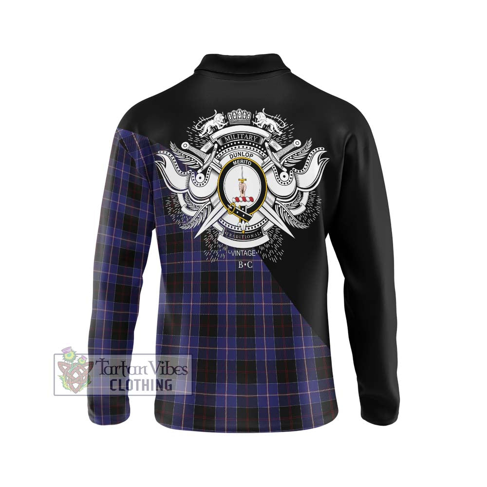 Dunlop Tartan Long Sleeve Polo Shirt with Family Crest and Military Logo Style - Tartanvibesclothing Shop