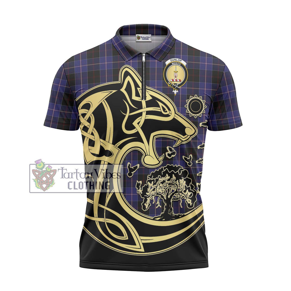 Dunlop Tartan Zipper Polo Shirt with Family Crest Celtic Wolf Style - Tartanvibesclothing Shop