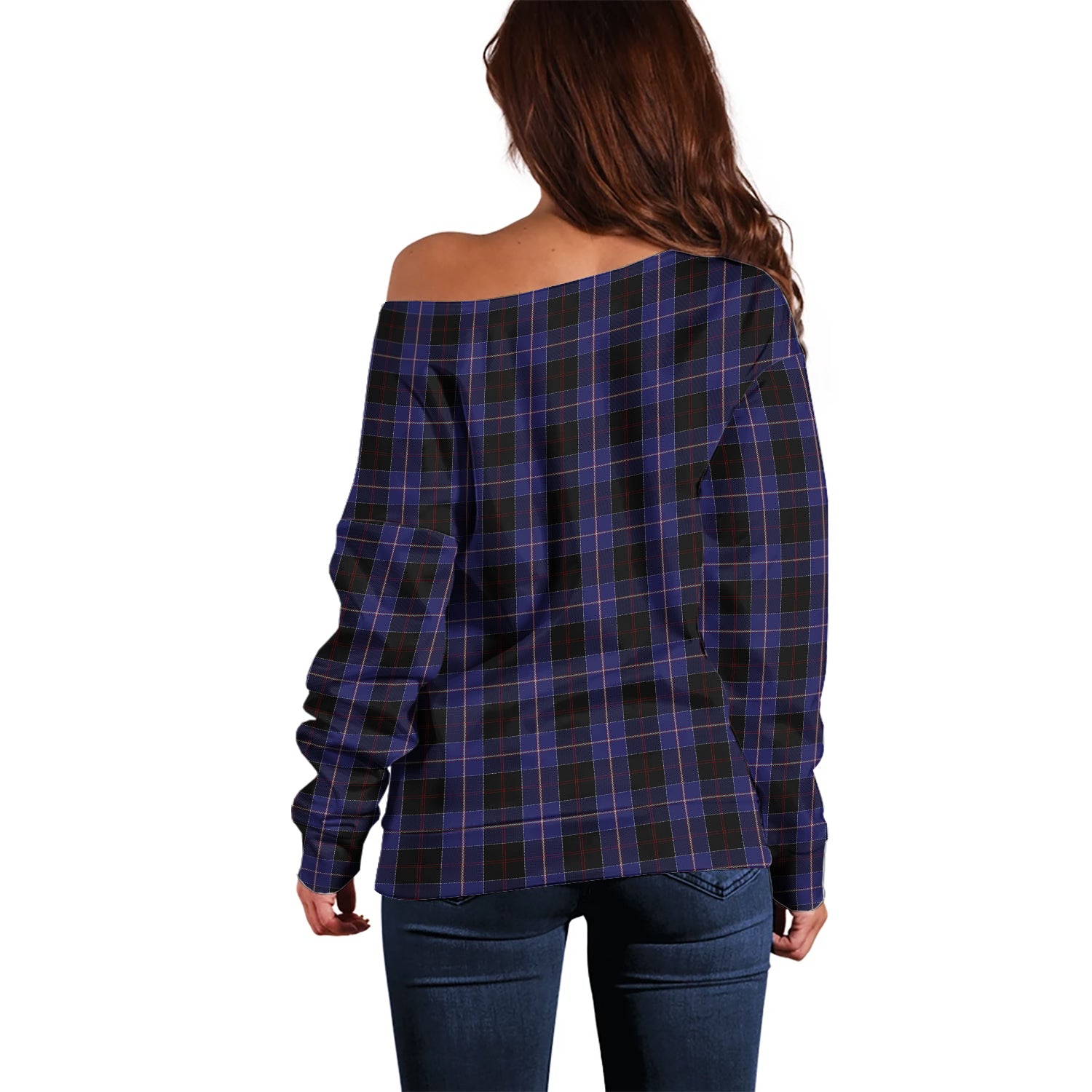 Dunlop Tartan Off Shoulder Women Sweater with Family Crest - Tartanvibesclothing