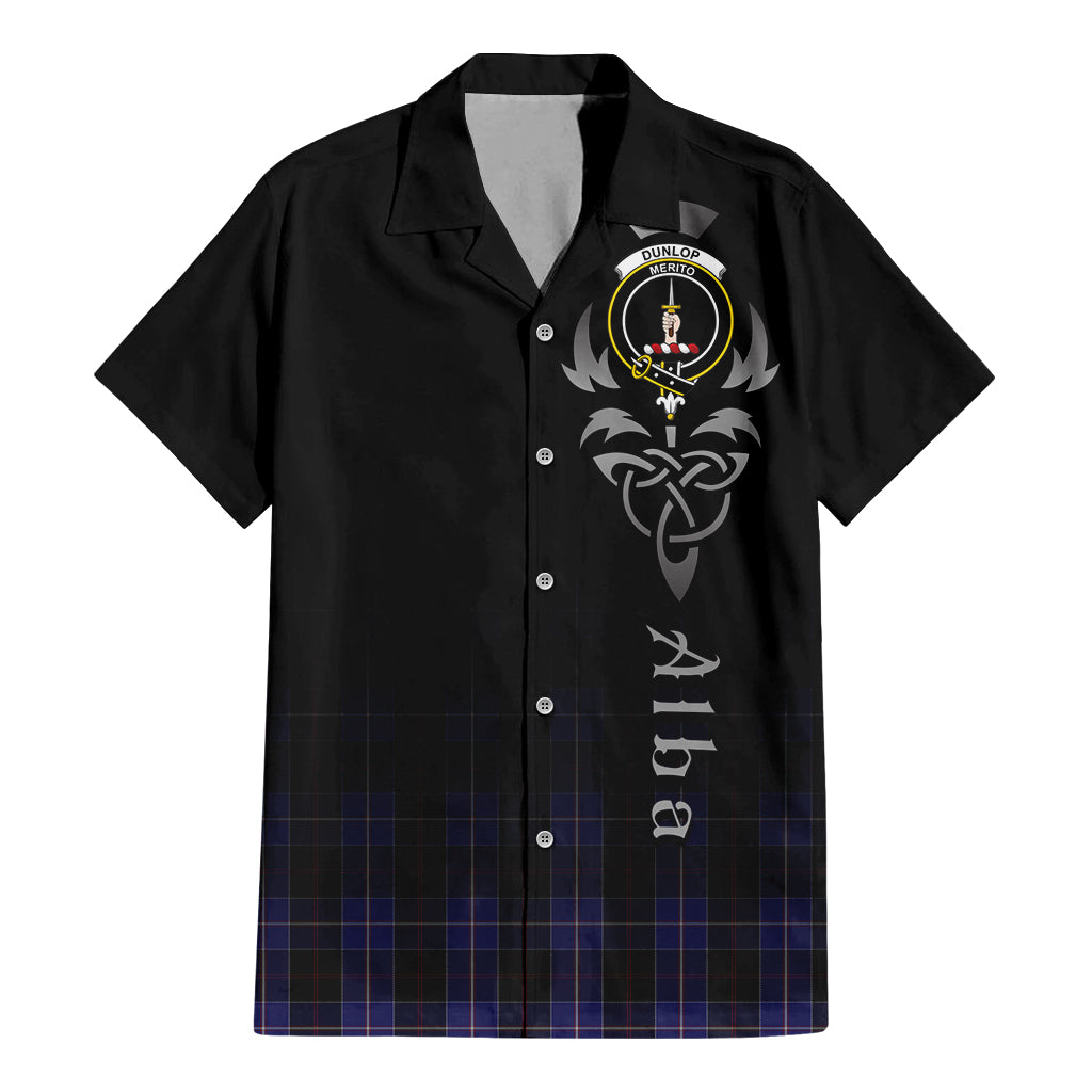 Tartan Vibes Clothing Dunlop Tartan Short Sleeve Button Up Featuring Alba Gu Brath Family Crest Celtic Inspired