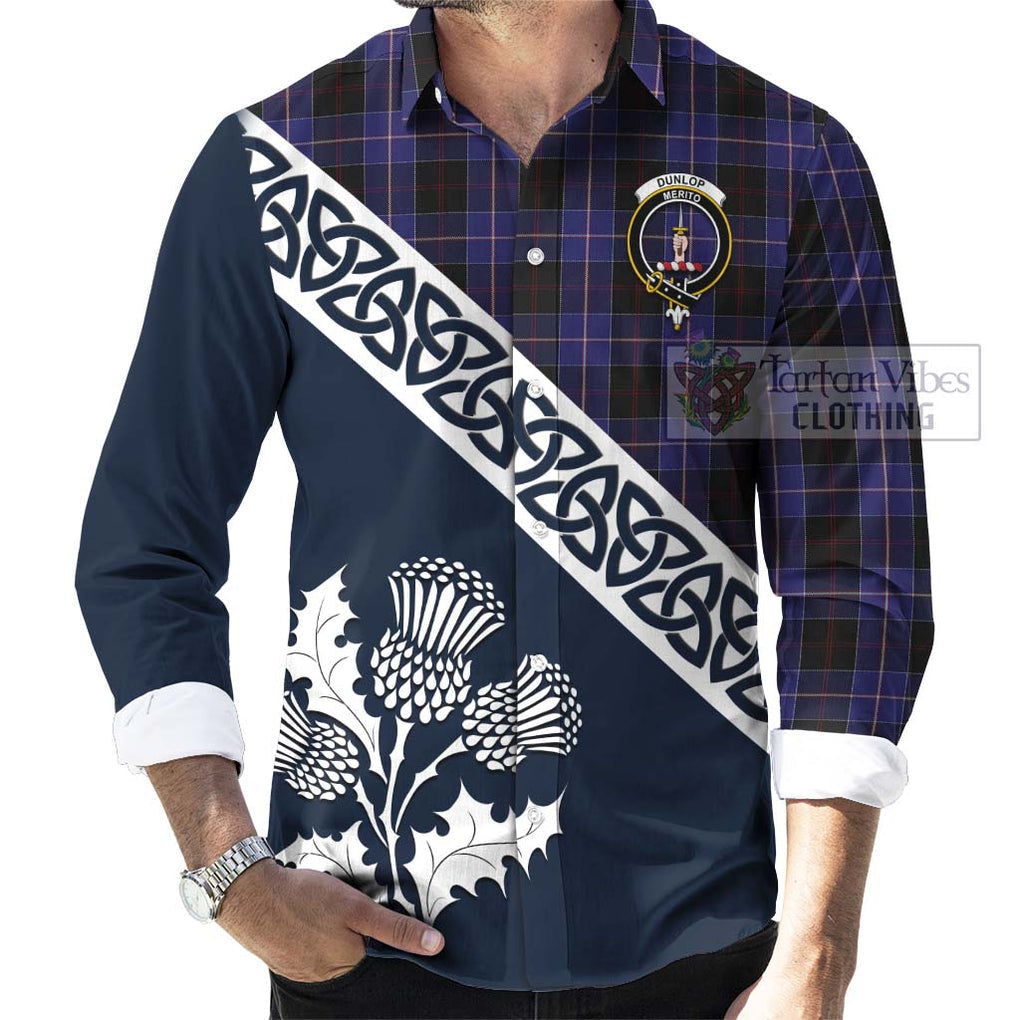 Tartan Vibes Clothing Dunlop Tartan Long Sleeve Button Shirt Featuring Thistle and Scotland Map