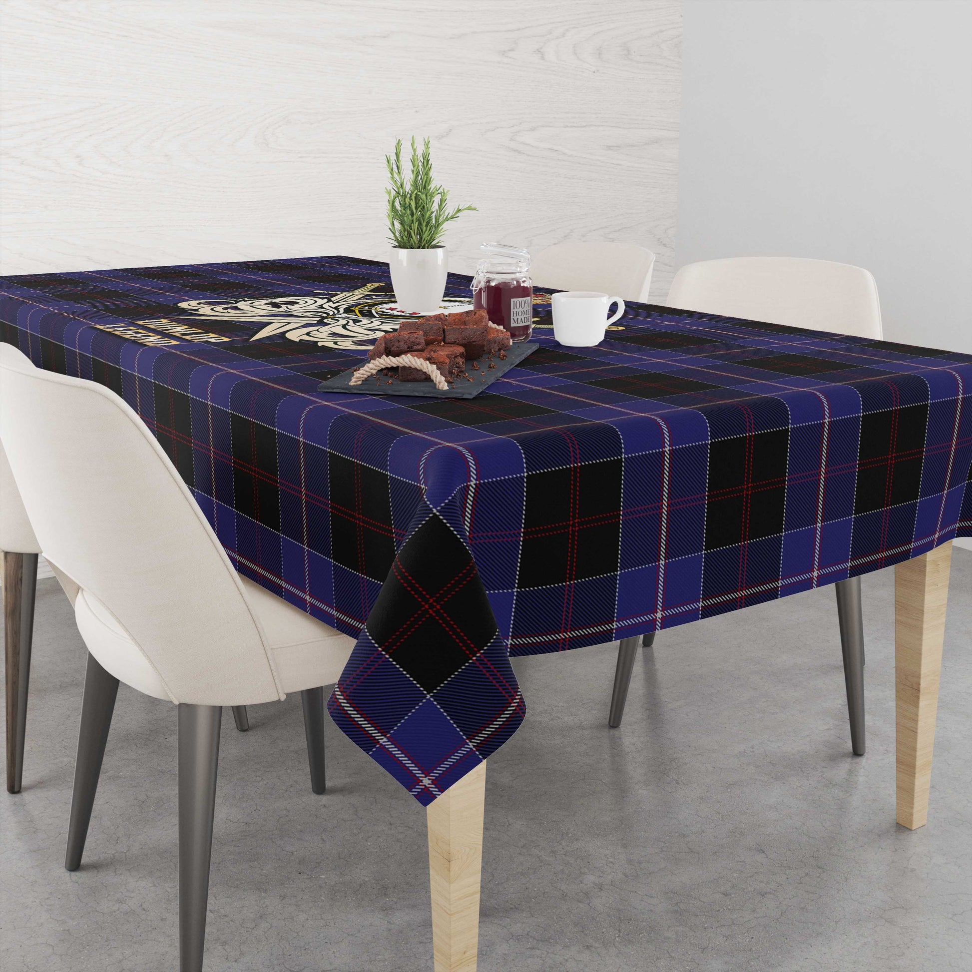 Tartan Vibes Clothing Dunlop Tartan Tablecloth with Clan Crest and the Golden Sword of Courageous Legacy