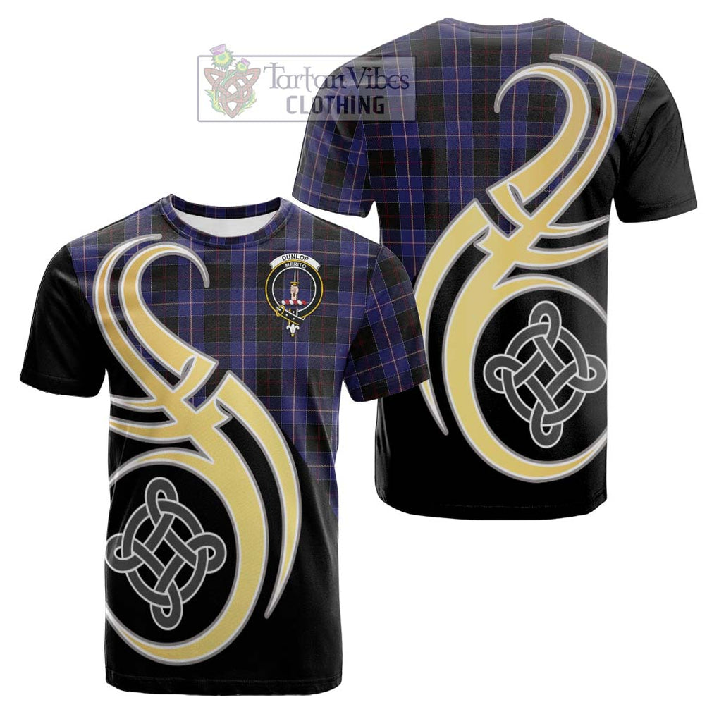 Tartan Vibes Clothing Dunlop Tartan Cotton T-shirt with Family Crest and Celtic Symbol Style