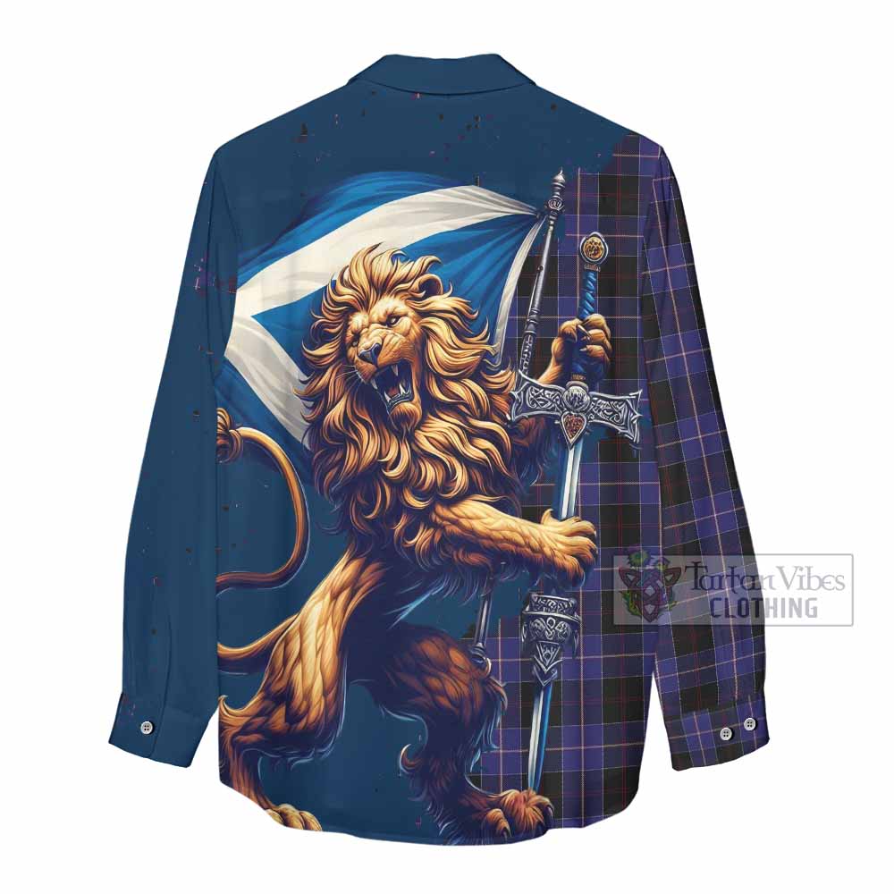 Tartan Vibes Clothing Dunlop Tartan Family Crest Women's Casual Shirt with Scottish Majestic Lion