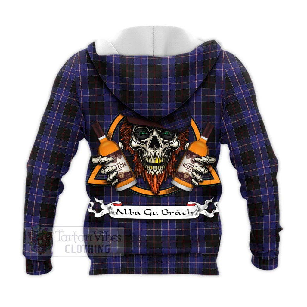 Tartan Vibes Clothing Dunlop Tartan Knitted Hoodie with Family Crest and Bearded Skull Holding Bottles of Whiskey