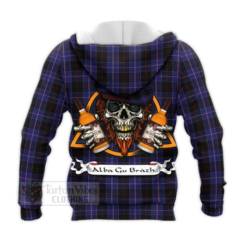 Dunlop Tartan Knitted Hoodie with Family Crest and Bearded Skull Holding Bottles of Whiskey